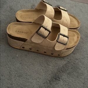 BAMBOO Beige Buckle Platform Slides